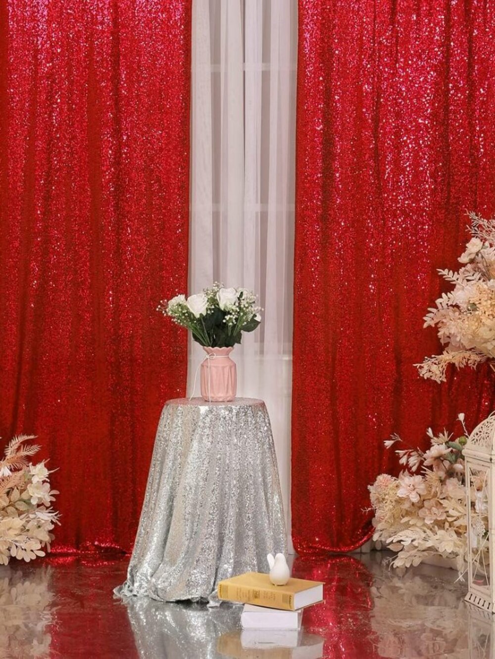 Red Sequin Backdrop Curtain, 2 Panels 2Ft x 8Ft Glitter Photography Back Drop fo